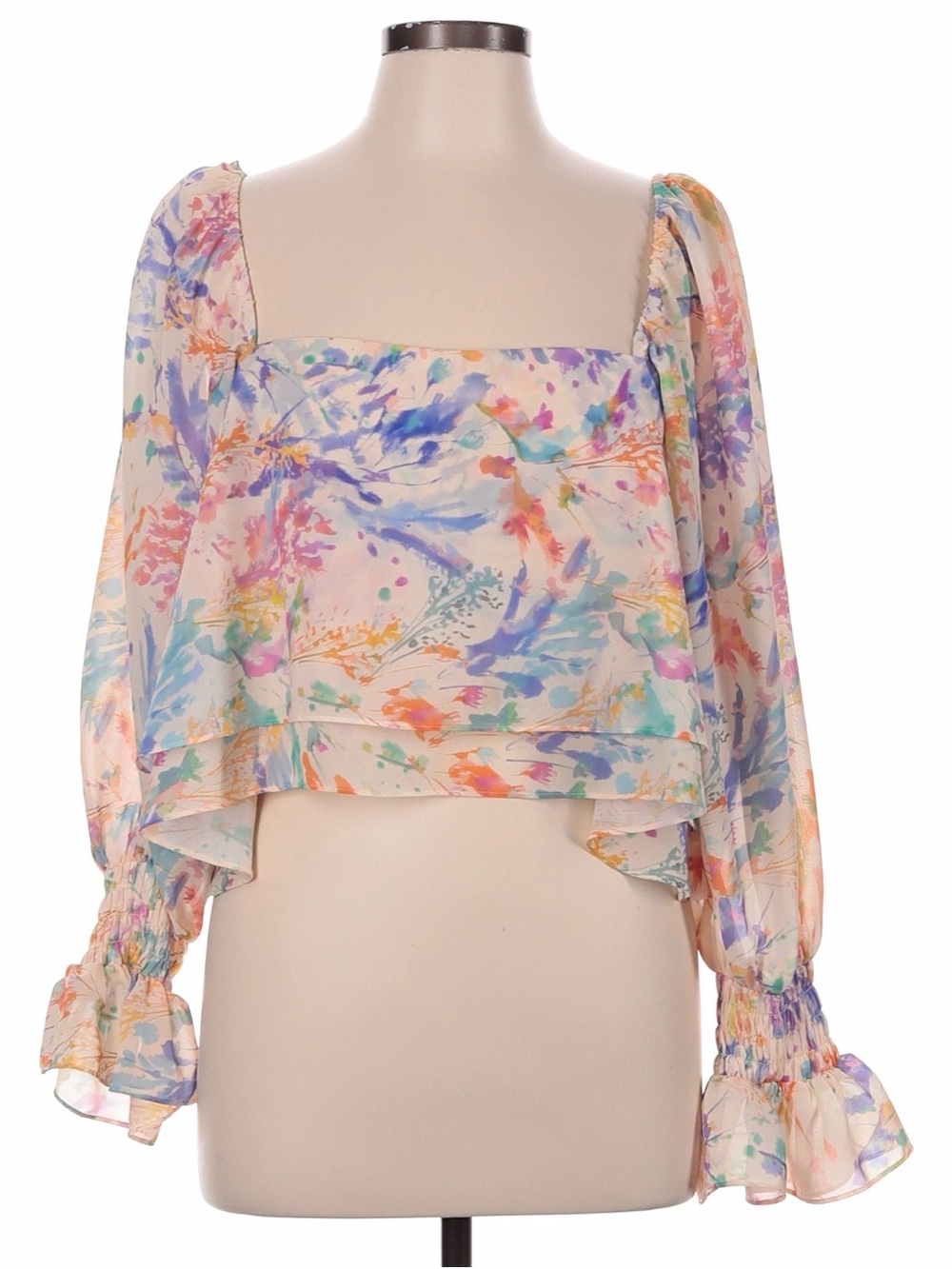 Amanda Uprichard Kade Floral Smocked Cuff Crop Blouse Size L